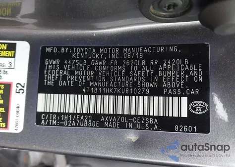 2019 Toyota Camry Se z USA, uszkodzony, nr VIN 4T1B11HK7KU810279